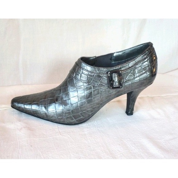 Anne Klein Shoes - AK SZ 6.5 Gunmetal Croc Embossed Alligator Leather Bootie Pointy Toe Shoe Pumps